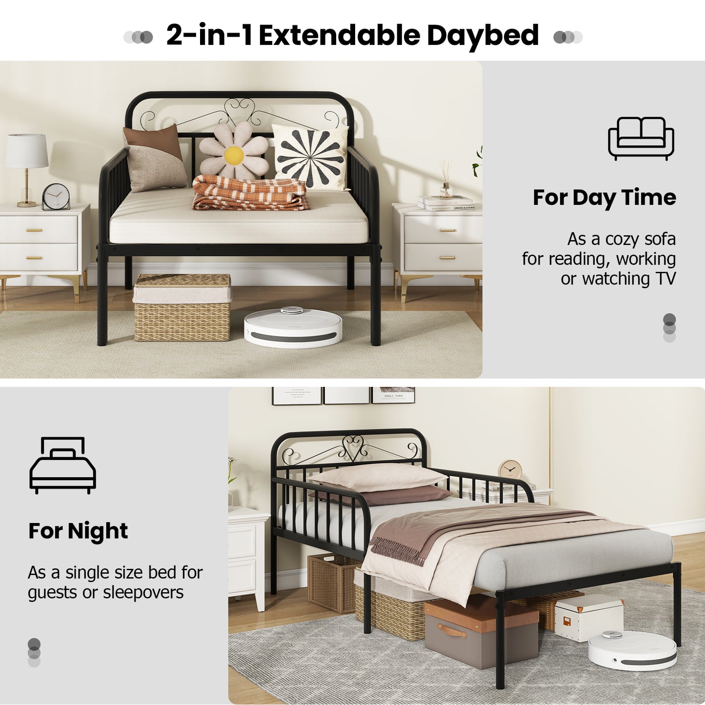 Extendable Daybed to Single Size Bed with Trundle for Adults and Guests-Black