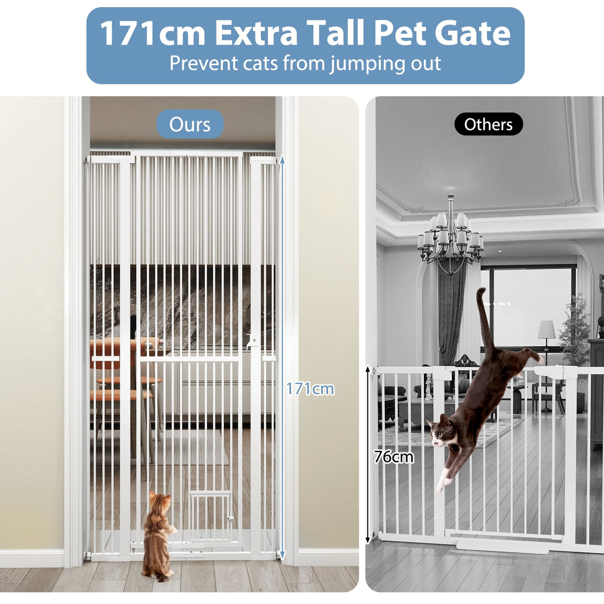171 cm Extra Tall Pet Gate Heavy-Duty Metal Cat Gate with Wide Opening-White