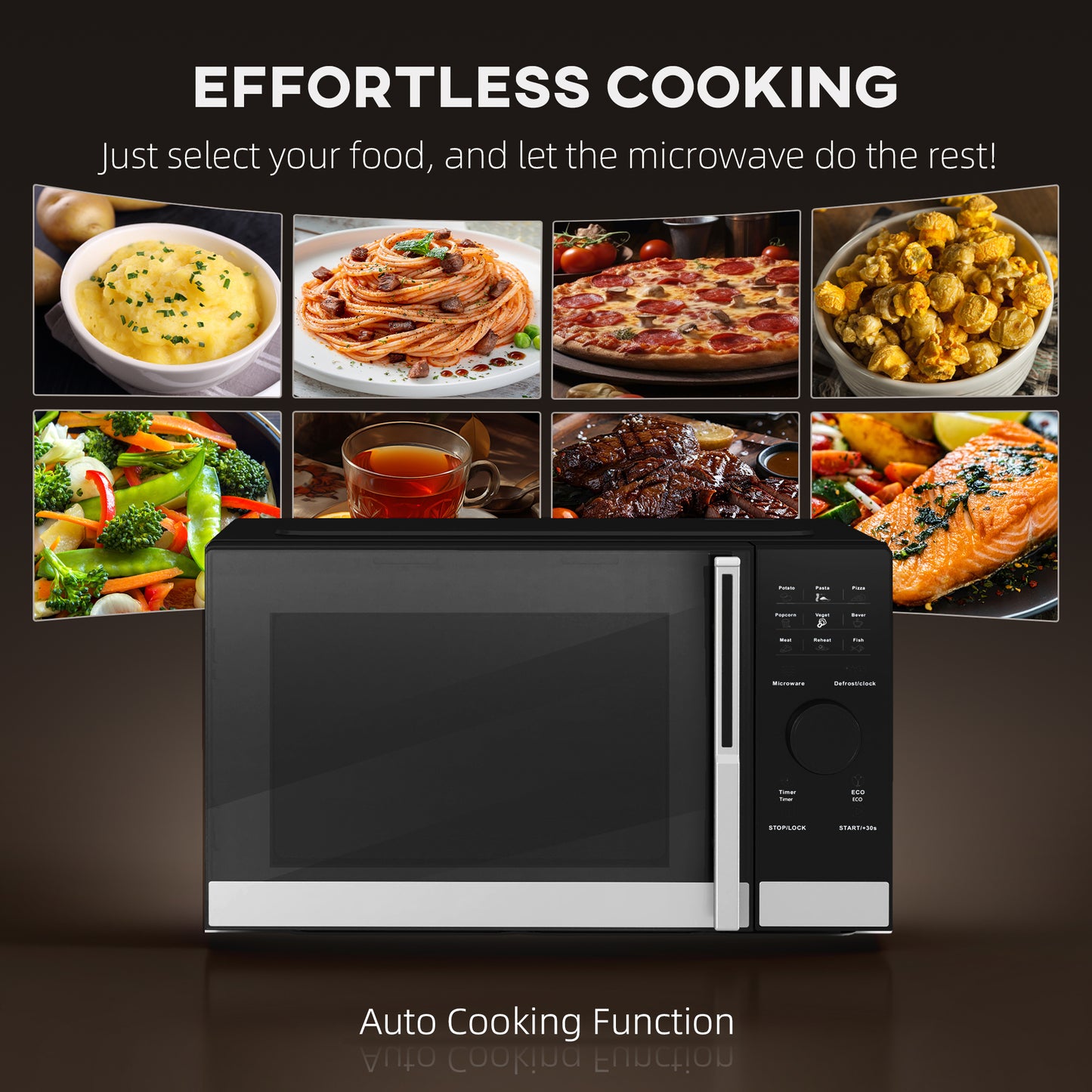 HOMCOM 23L 800W Microwave Oven, Digital Solo Microwave with 10 Power Levels, Automatic Defrost, 8 Auto Cook Menus, 60 Minutes Timer, Eco Mode, Clock, Easy Clean, Small Black Microwave