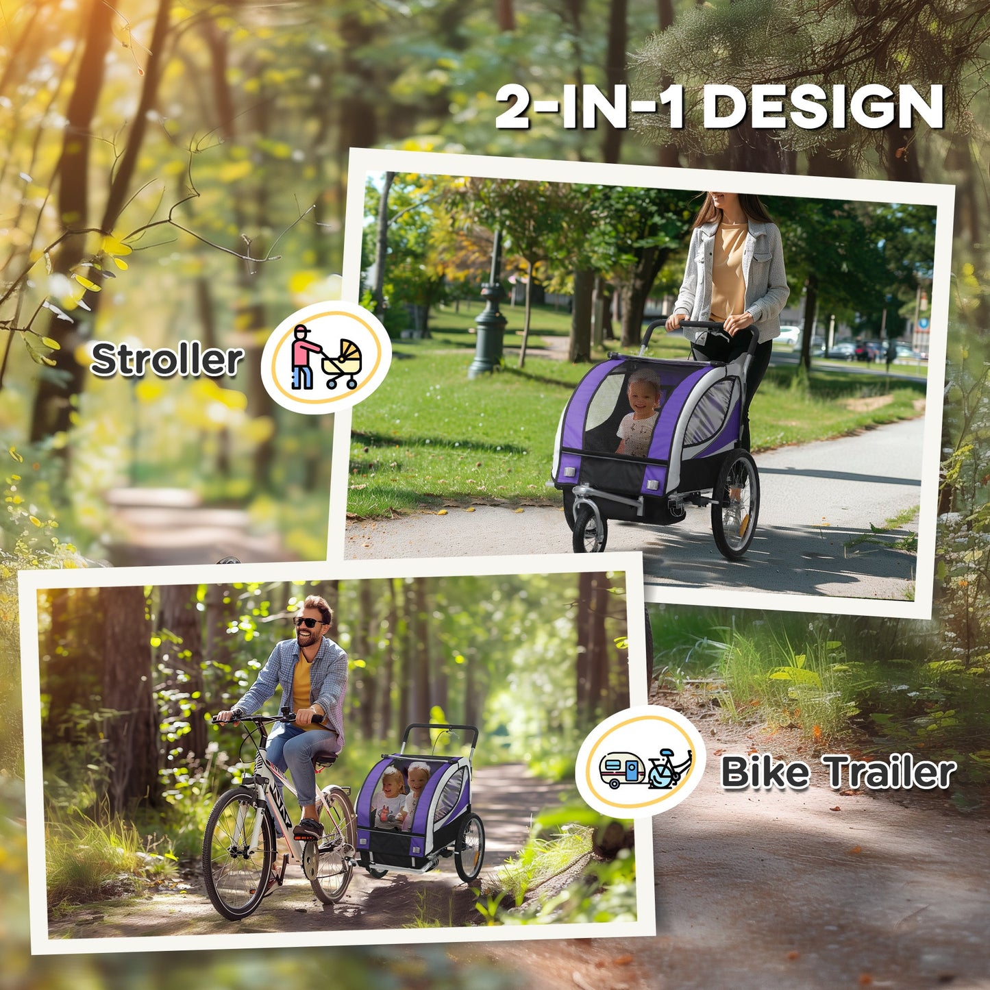 Przyczepka rowerowa dla dzieci HOMCOM z 5-punktowymi pasami, stalową ramą, odblaskami, chorągiewką bezpieczeństwa, zaczepem, fioletowa