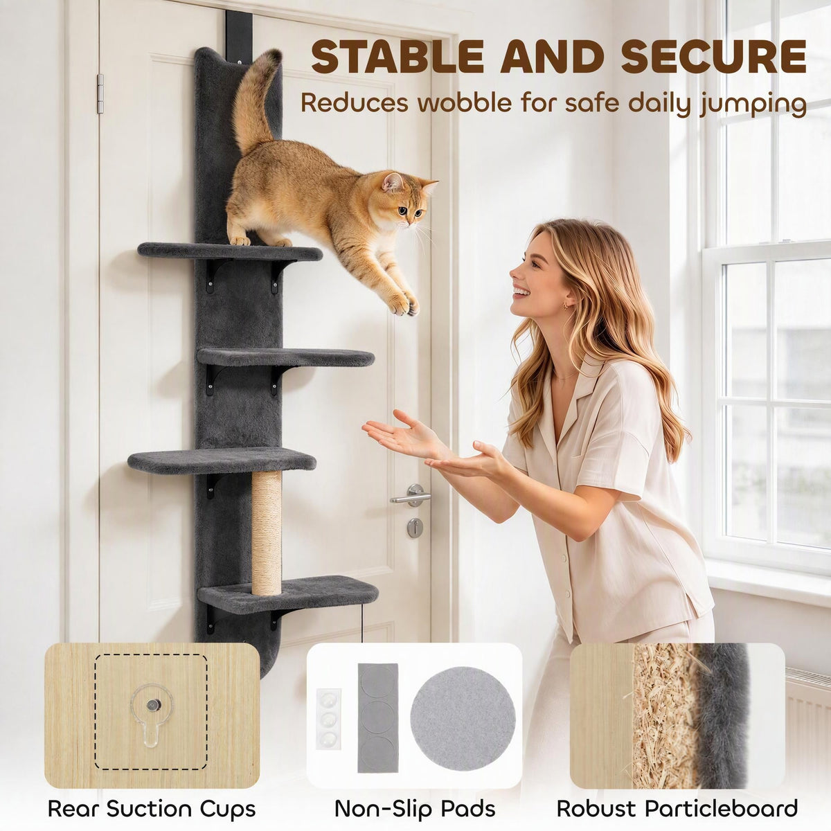 PawHut Door Hanging Cat Shelf, 4-Level Over Door Cat Climber with Platforms, Scratching Post and Hanging Ball, Dark Grey