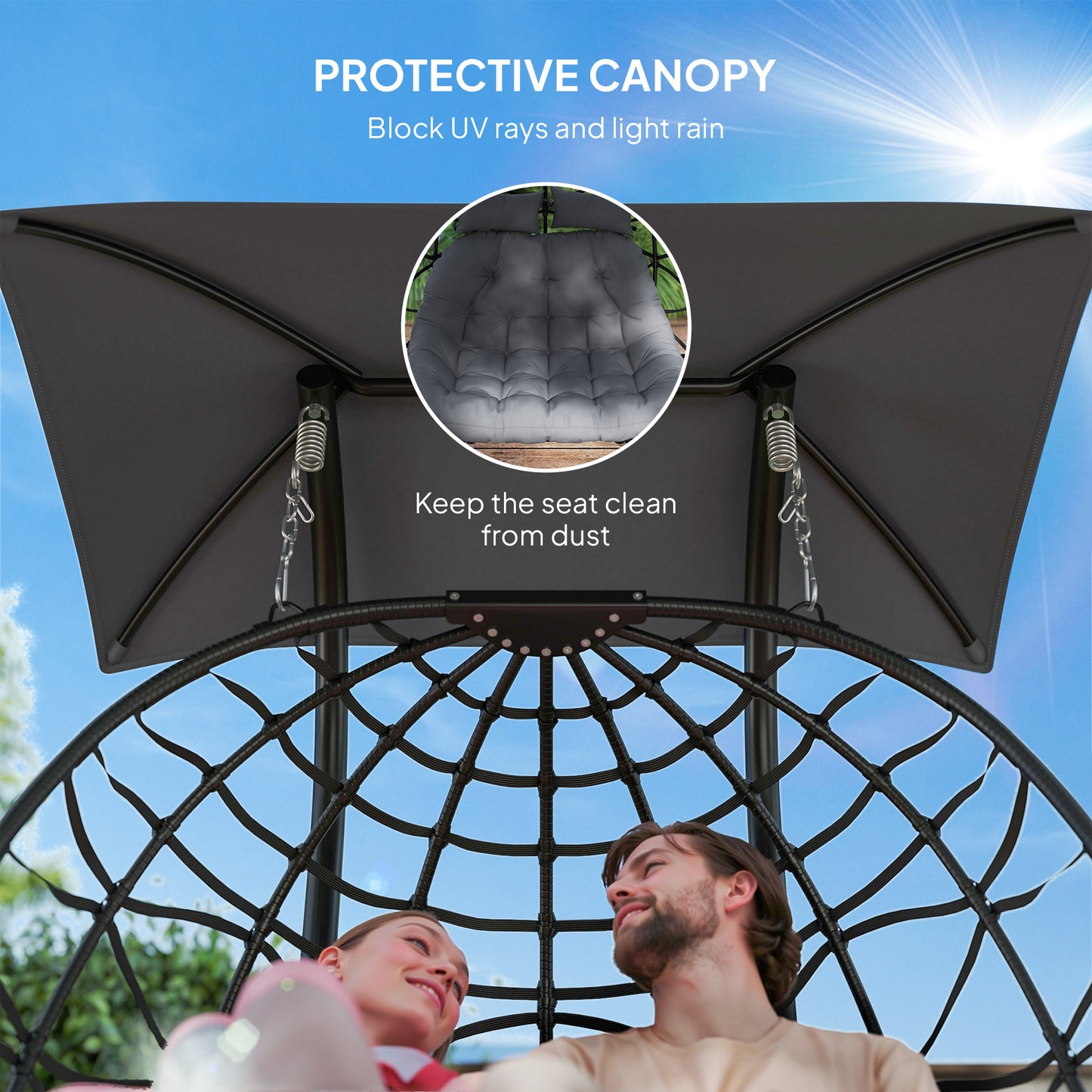Outsunny Rattan Double Hanging Egg Chair z baldachimem, składany wiklinowy fotel hamakowy Egg z poduszką, poduszkami pod głowę, stojakiem, stalową ramą, fotelem hamakowym do wewnątrz i na zewnątrz, nośność 260 kg, czarny