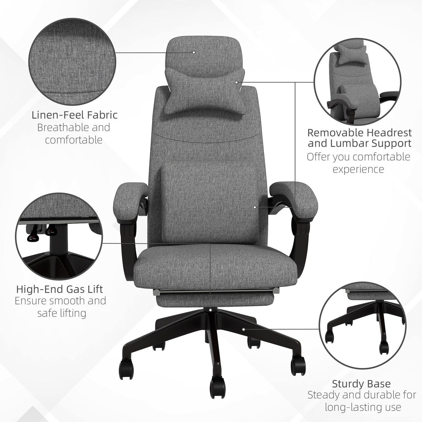 Vinsetto Linen-Look Office Chair, with 160 Reclining Back and Footrest - Grey