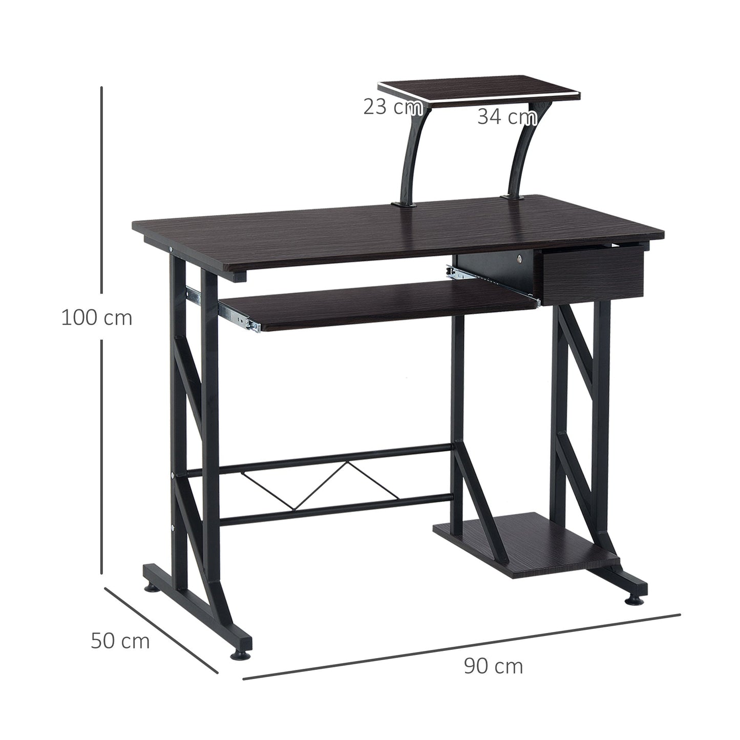HOMCOM Computer Desk with Display Stand, Sliding Keyboard Tray Drawer and Host Box Shelf Home Office Workstation Dark Brown