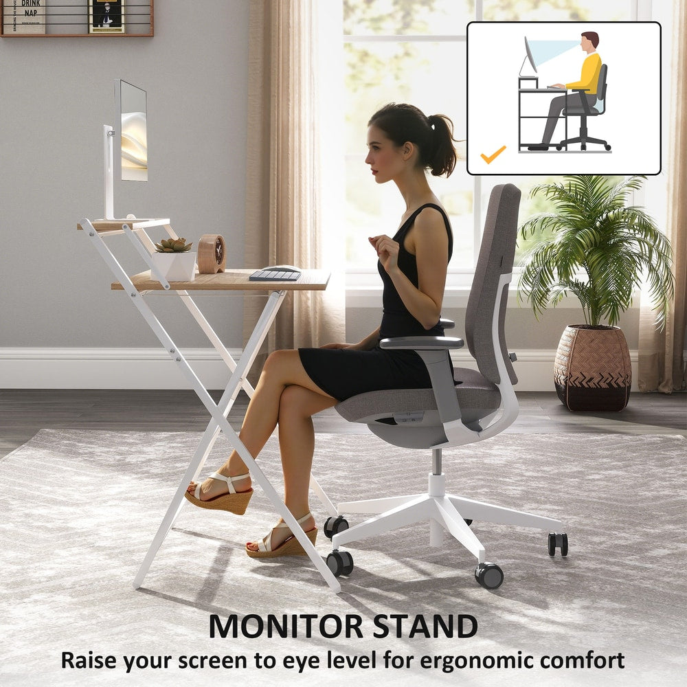 HOMCOM 70 cm Folding Computer Desk with Monitor Shelf in a Natural Wood Finish, image 5