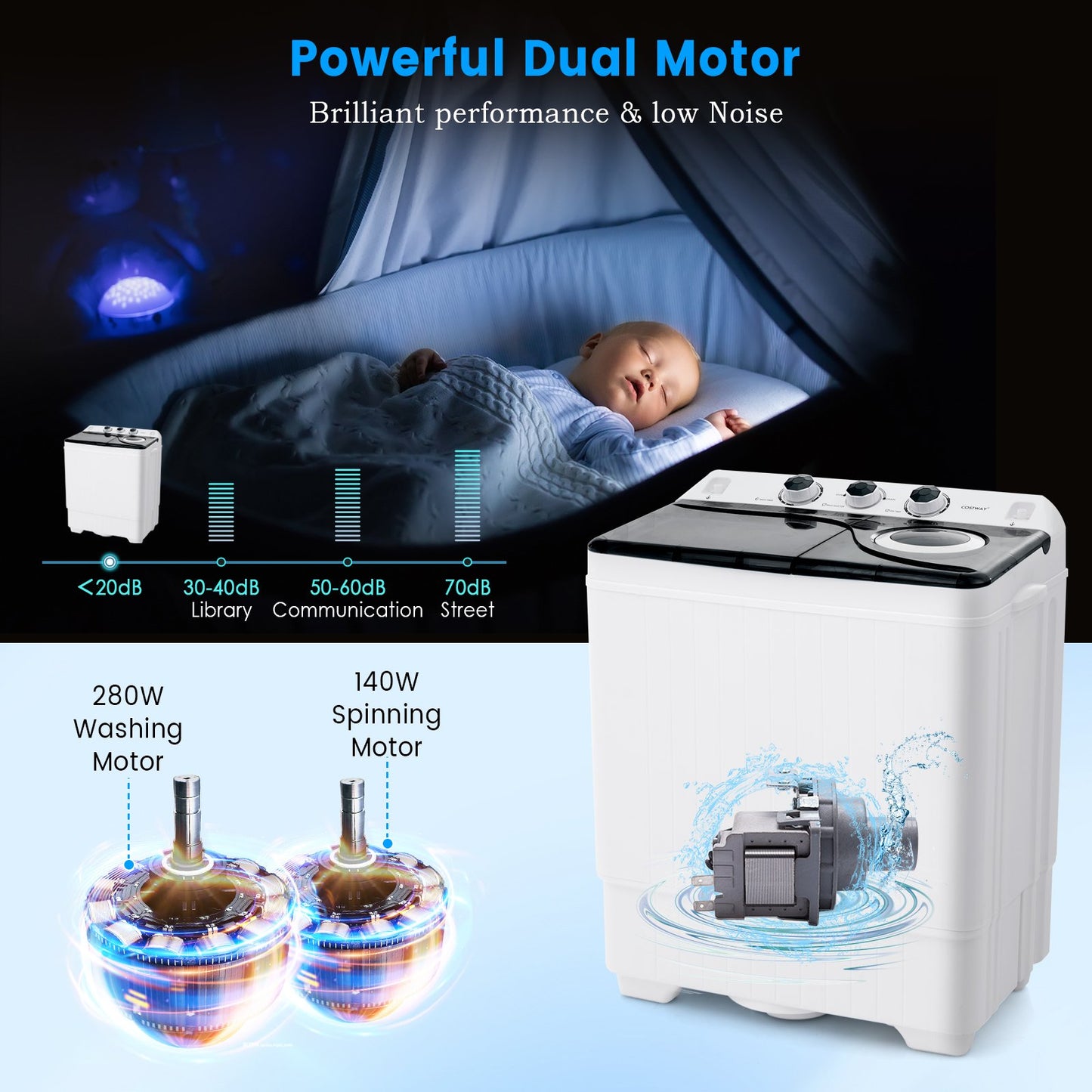 Portable Laundry Washer Spin Dryer with Timing Function and Drain Pump-Black