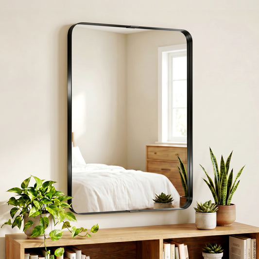 HOMCOM Rectangular Wall Mirror, 90 x 60 cm Wall Mounted Bathroom Mirror with Aluminium Alloy Frame and Tempered Glass, Black