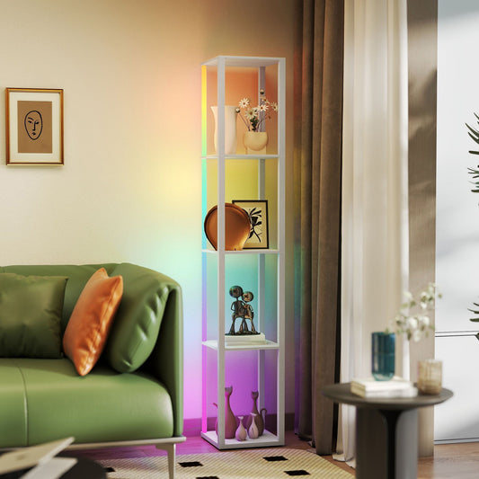 HOMCOM RGB LED Floor Lamp with Shelves, Modern Dimmable Standing Lamp with Remote Control, Adjustable Brightness & Speed for Living Room, Bedroom, Office, White
