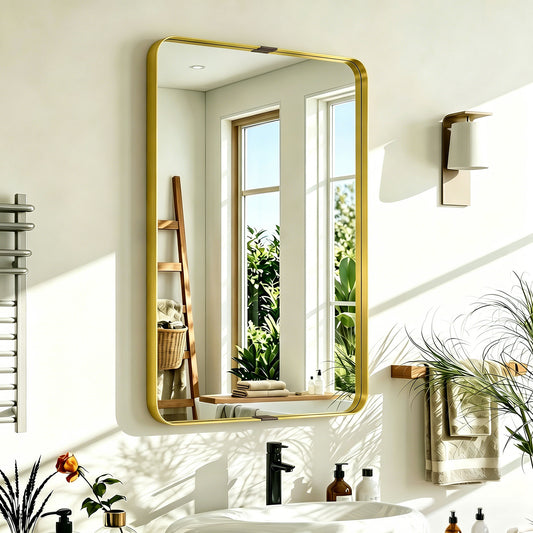 HOMCOM Rectangular Wall Mirror, 90 x 60 cm Wall Mounted Bathroom Mirror w/ Aluminium Alloy Frame and Tempered Glass, Gold Tone