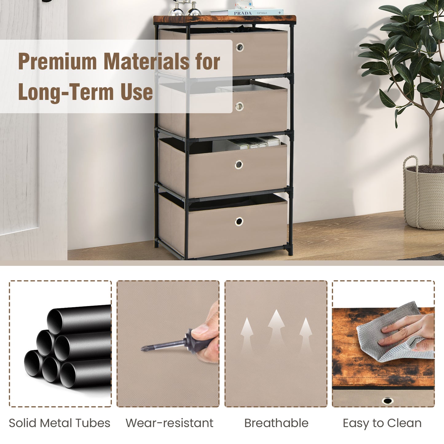 4-Tier Fabric Dresser with Drawers and Metal Frame-Coffee
