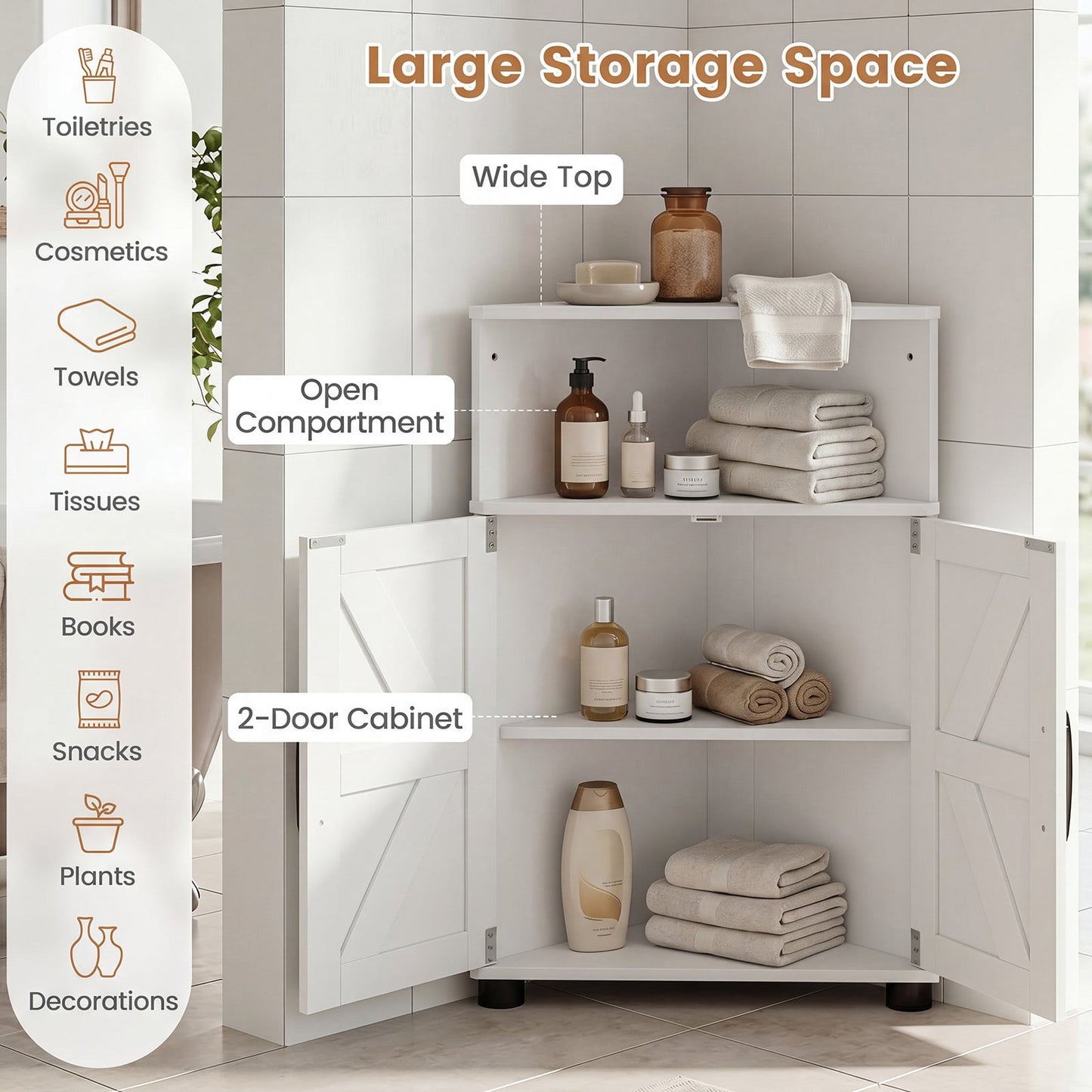 Farmhouse Bathroom Corner Storage Cabinet-White