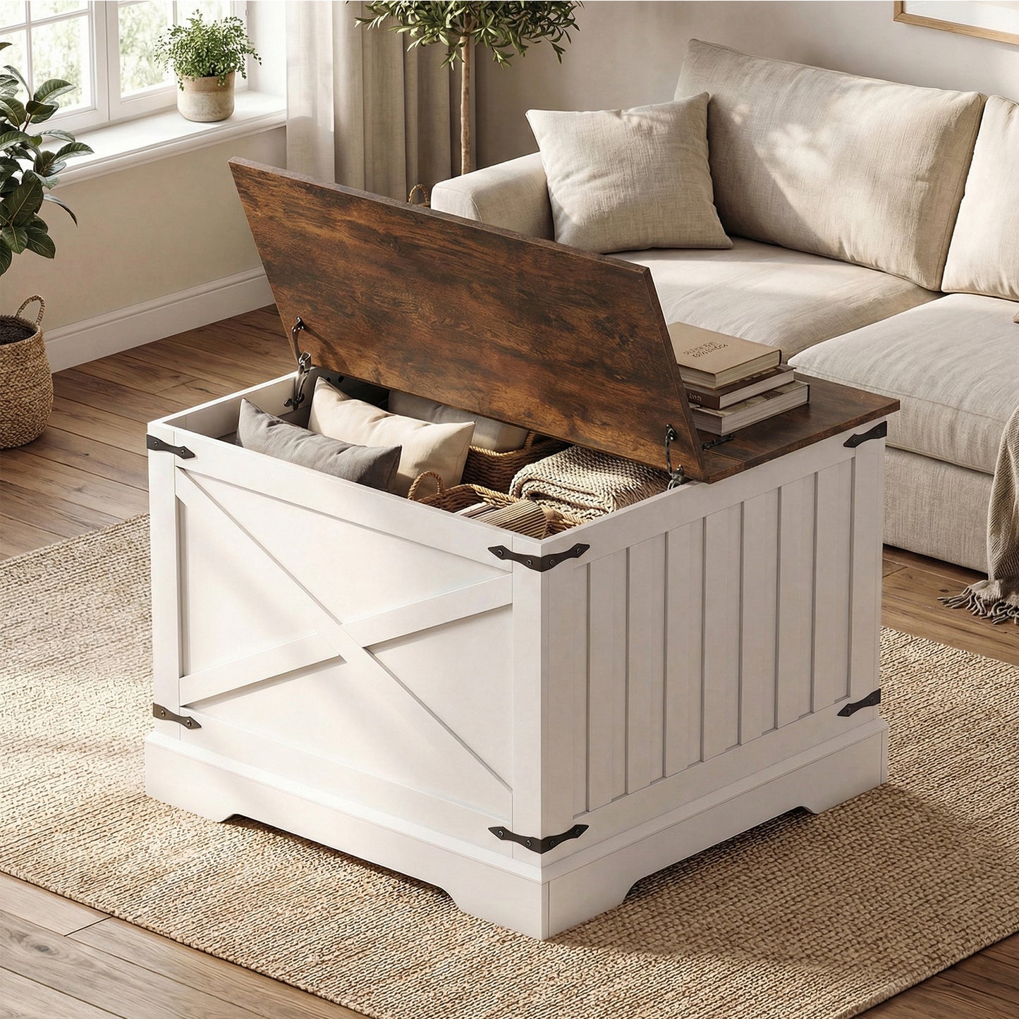 Farmhouse Lift Top Coffee Table 80CM Square Center Table with Hidden Storage Compartment-Rustic Brown