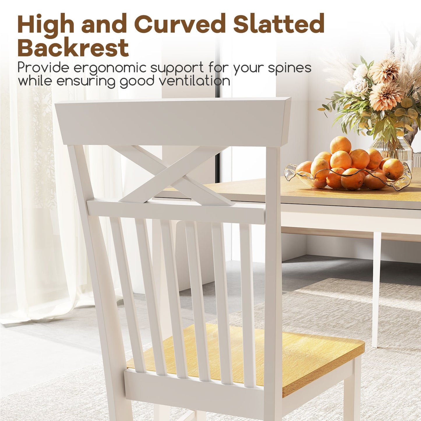 Farmhouse Dining Chair Set of 2 Wooden Kitchen Chair with Rubber Wood Frame-Natural