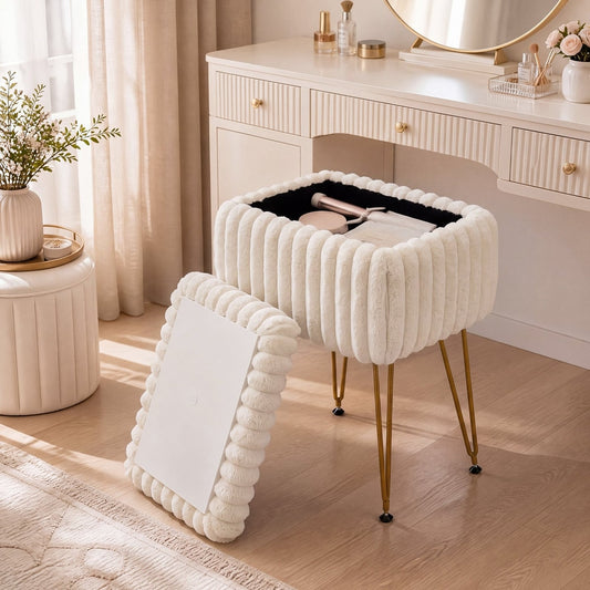 Faux Fur Ottoman in Beige, image 2