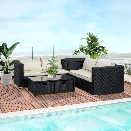 Outsunny 4 Pieces Rattan Garden Furniture Set, 4 Seater Corner Sofa Set with Storage Box, 2 Drawers Coffee Table, Loveseats with Cushions, Wicker Garden Conservatory Furniture for Balcony, Black