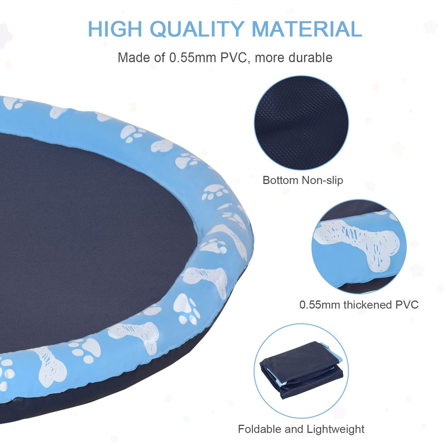 PawHut Dog Splash Pad, Pet Sprinkler Mat, Non-Slip Dog Paddling Pool, Foldable Outdoor Sprinkler and Splash Mat Water Play for Garden, Patio, Summer Fun, 170 cm