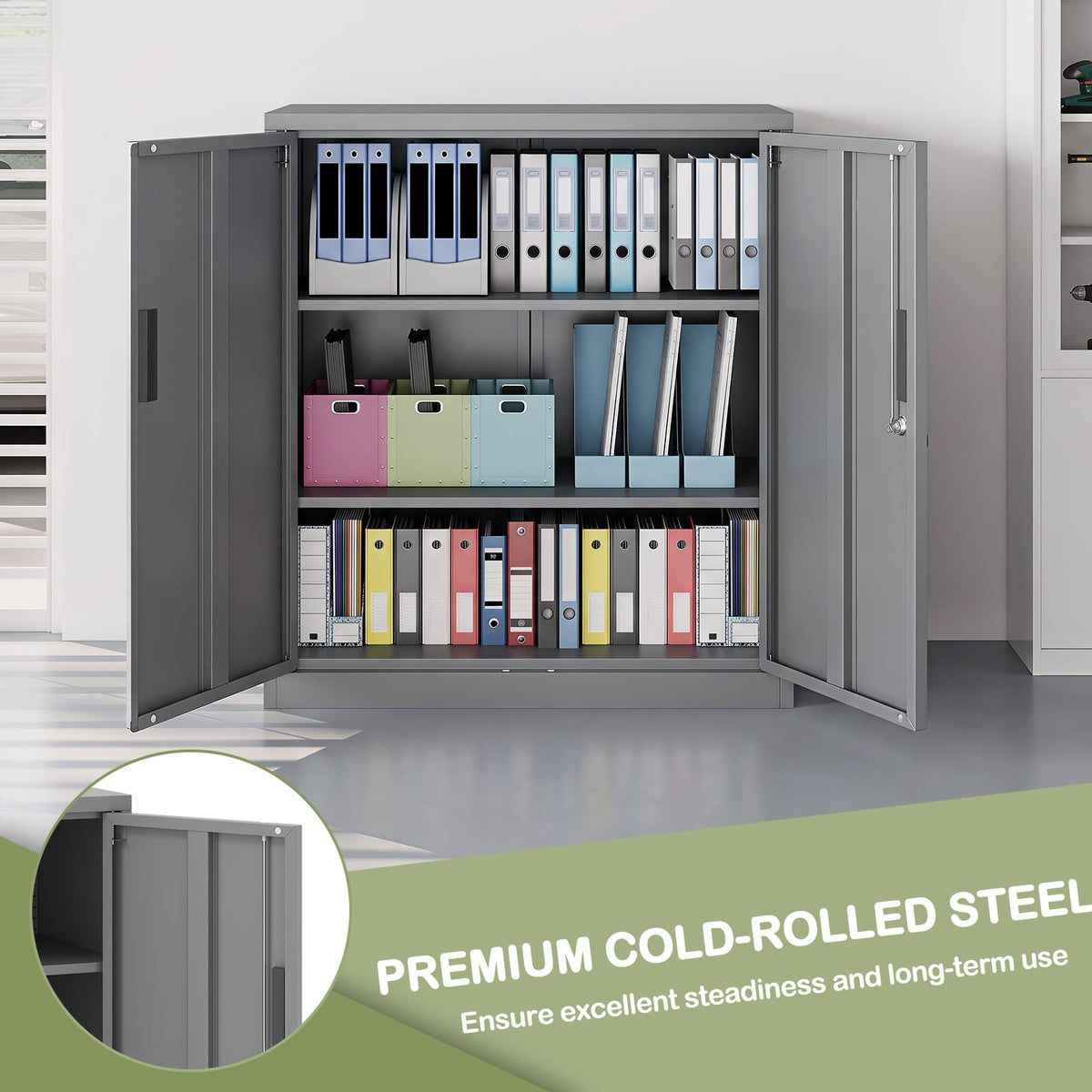 File Cabinet with 2 Lockable Doors and 2 Adjustable Shelve-Grey
