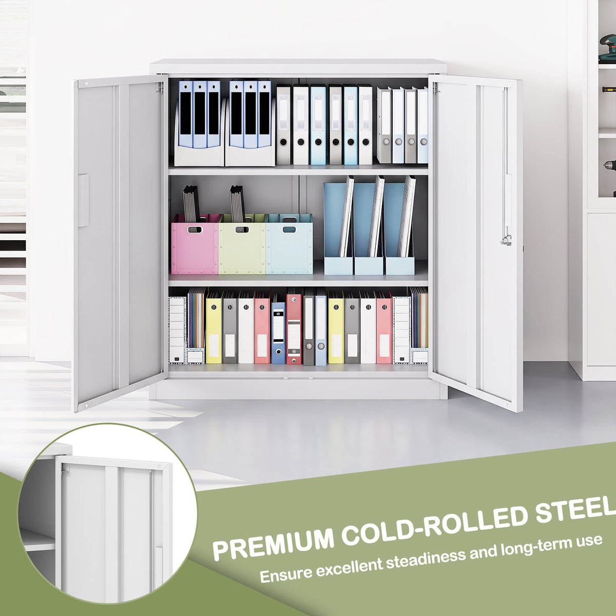File Cabinet with 2 Lockable Doors and 2 Adjustable Shelves-White
