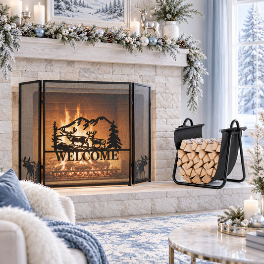 Firewood Rack with Canvas Carrier and 3-Panel Fireplace Screen