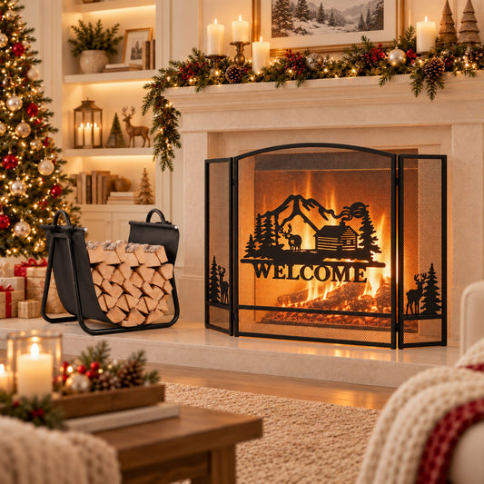 Firewood Rack with Canvas Carrier and 3-Panel Fireplace Screen with Forest Moose & Mountain Hut Design