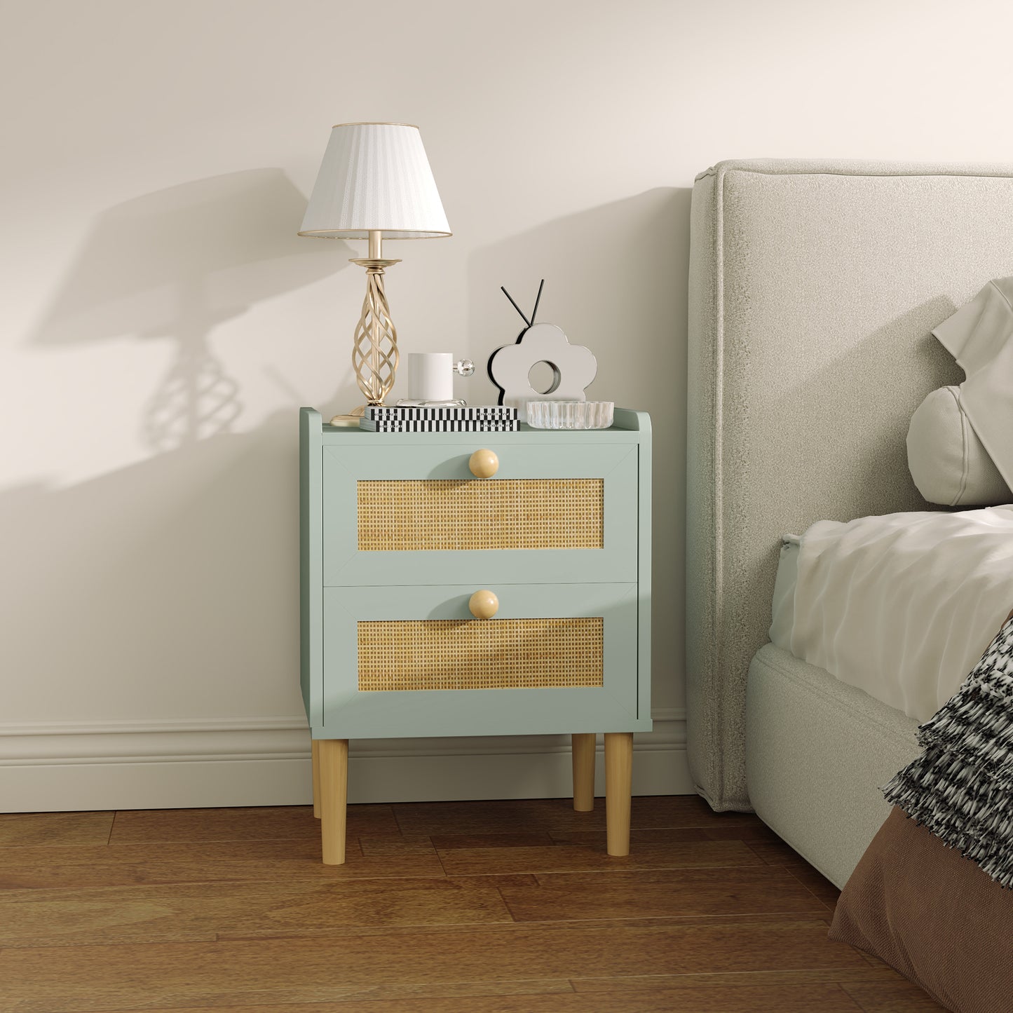 HOMCOM Bedroom Chest of Drawers, Boho Rattan Dresser with 2 Drawers, Storage Cabinet for Living Room, Hallway, Entryway, Olive Green