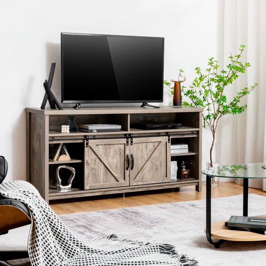 Sliding Barn Door Farmhouse Flat Screen Console for 65 Inch TVs-Grey