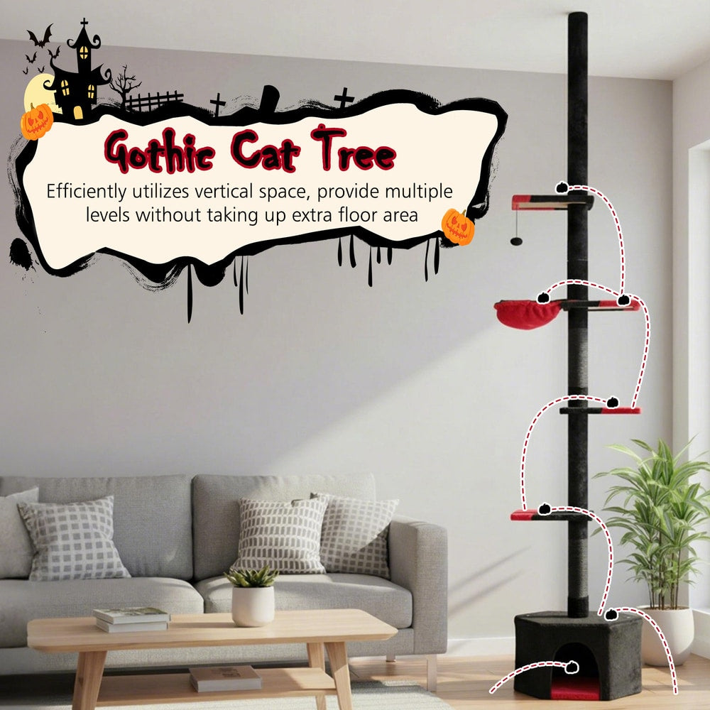 Floor to Ceiling Gothic Cat Tree 245-300 CM Adjustable-Black