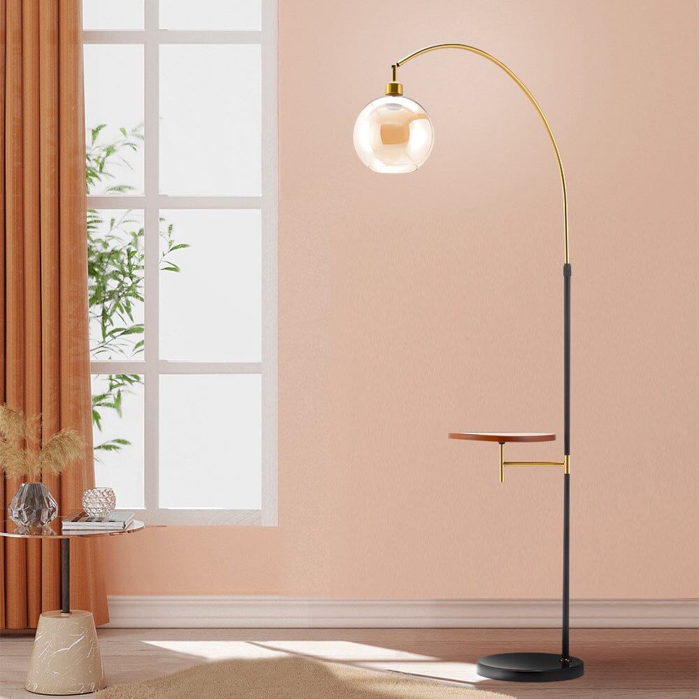 Modern Adjustable Arc Floor Lamp with Wood Tray