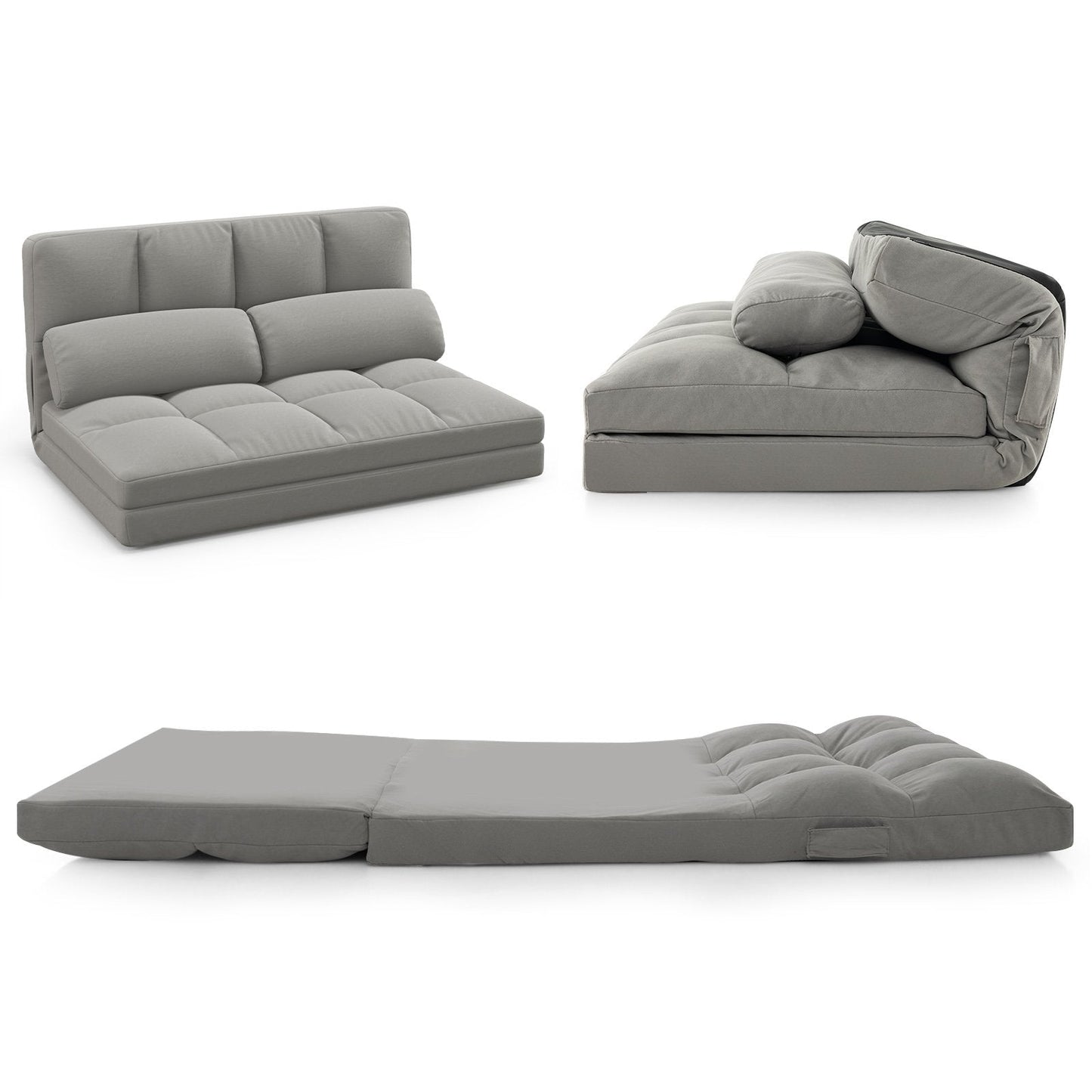 Floor Sofa Bed with 2 Pillows and Positions Adjustable Backrest-Grey