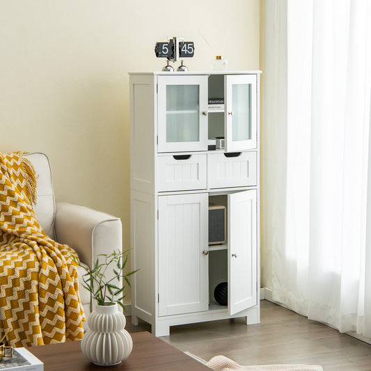 Floor Storage Cabinet with 2 Glass Doors, 2 Drawers and Adjustable Shelves-White