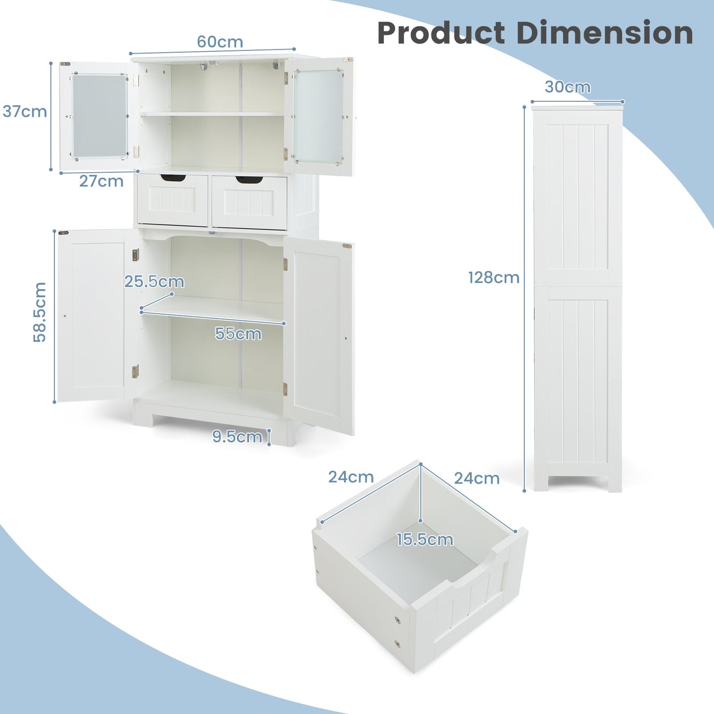 Floor Storage Cabinet with 2 Glass Doors, 2 Drawers and Adjustable Shelves-White