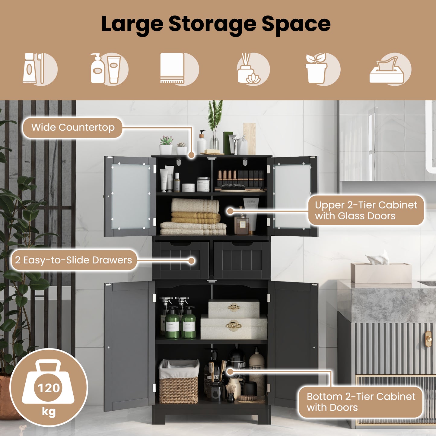 Floor Storage Cabinet with Glass-Door Cabinets and 2 Drawers-Black