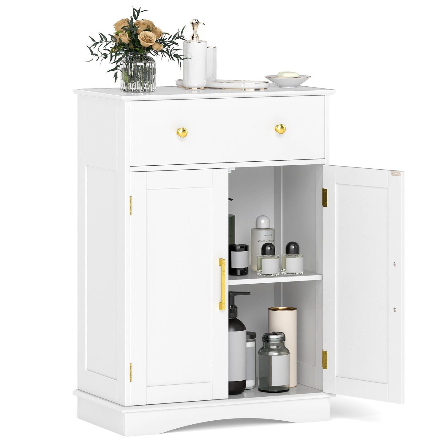 Floor Storage Cabinet with Doors and Adjustable Shelf-White