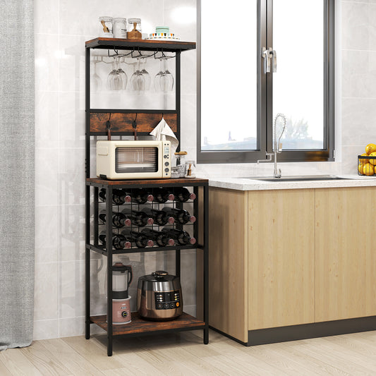 Floor Wine Bar Cabinet with Glass Racks and Wine Bottle Holders-Rustic Brown
