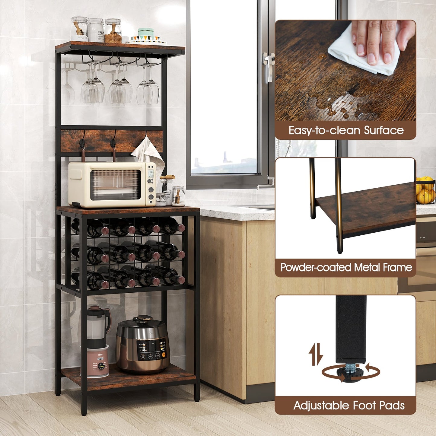 Floor Wine Bar Cabinet with Glass Racks and Wine Bottle Holders-Rustic Brown