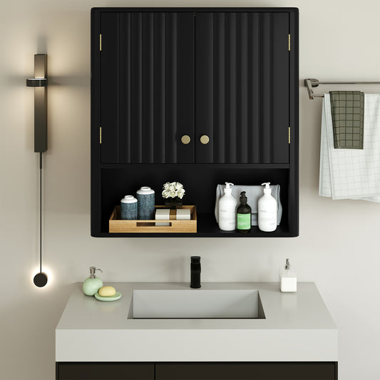 Fluted Bathroom Wall Cabinet Modern Double Door Medicine Cabinet-Black