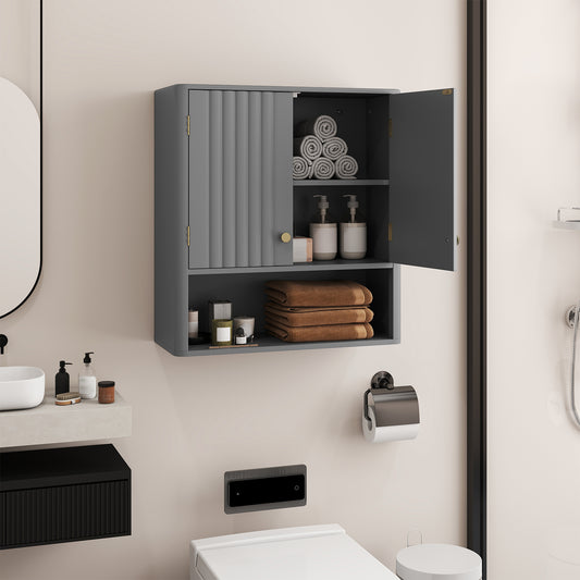 Fluted Bathroom Wall Cabinet Modern Double Door Medicine Cabinet-Grey