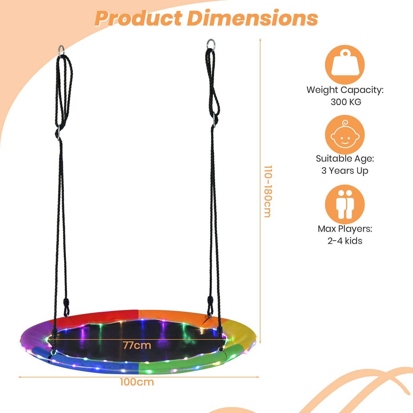 Flying Saucer Tree Swing with 8 Light Modes and Adjustable Hanging Ropes-Colourful