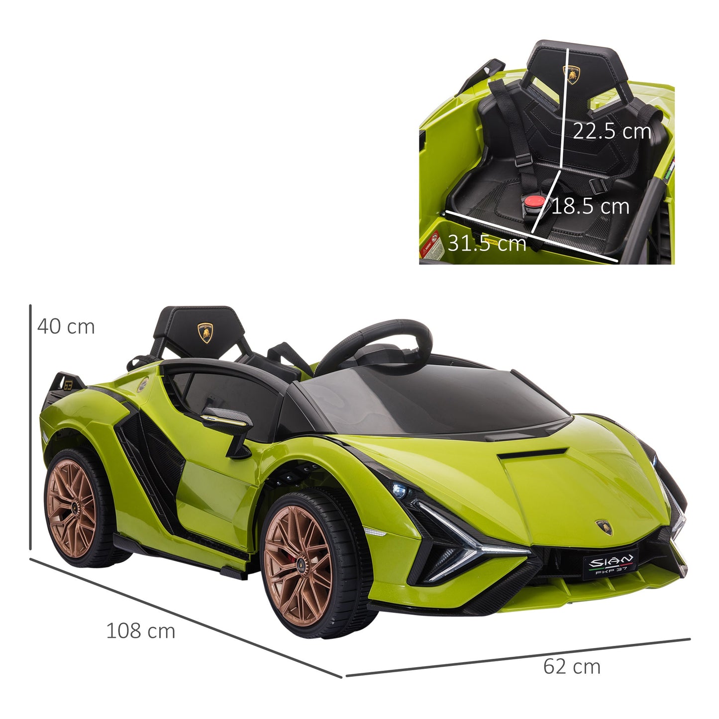 HOMCOM Lamborghini Sian Licencjonowany 12V Elektryczny Samochód Dziecięcy Do Jazdy 2 Silniki Zabawka Samochodzik Z Pilotem Muzyka Światła MP3 dla 3-5 Lat Zielony