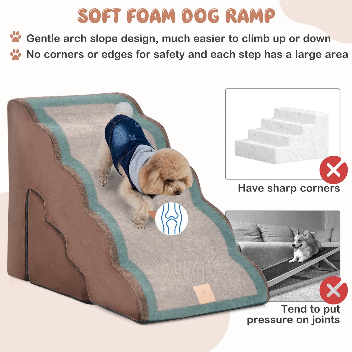 Foam Pet Stairs Set with 5-Tier and 3-Tier Dog Ramps-Brown
