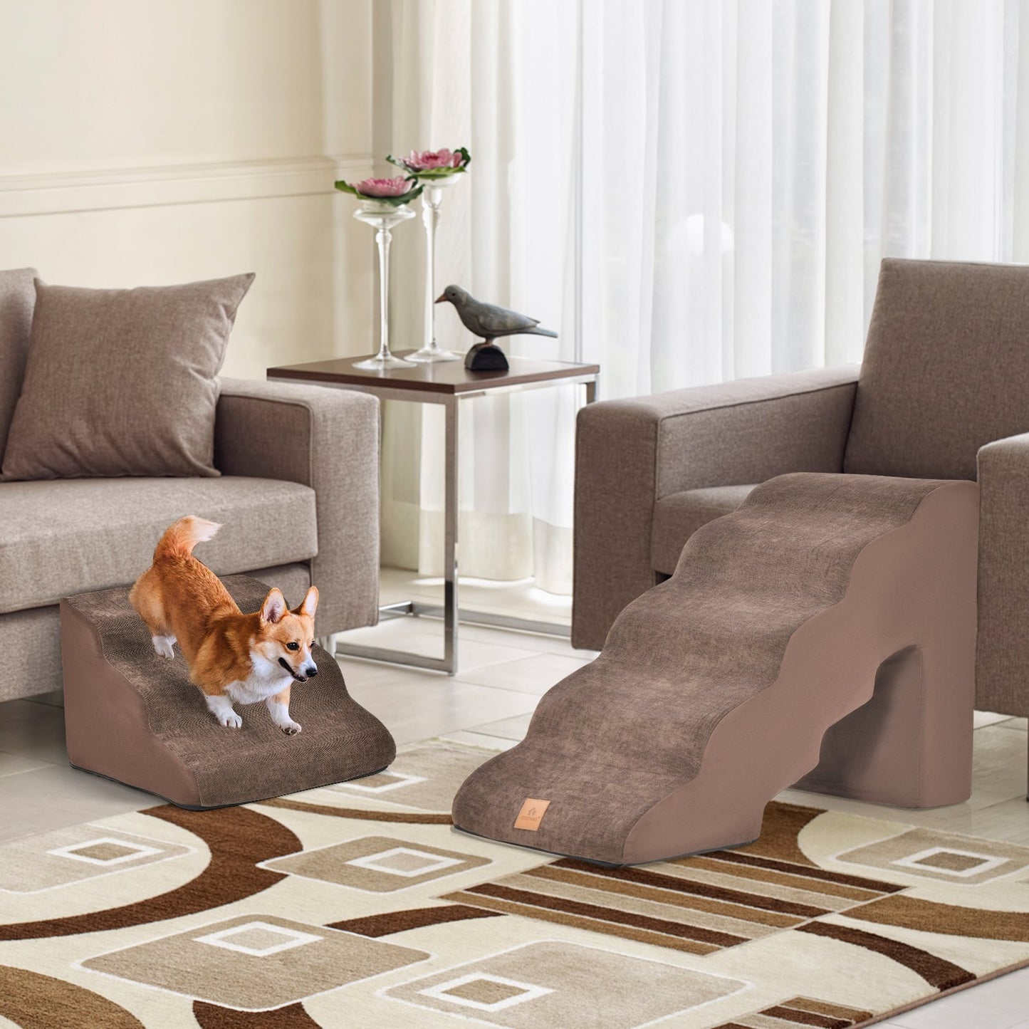 Foam Pet Stairs Set with 5-Tier and 3-Tier Dog Ramps-Brown