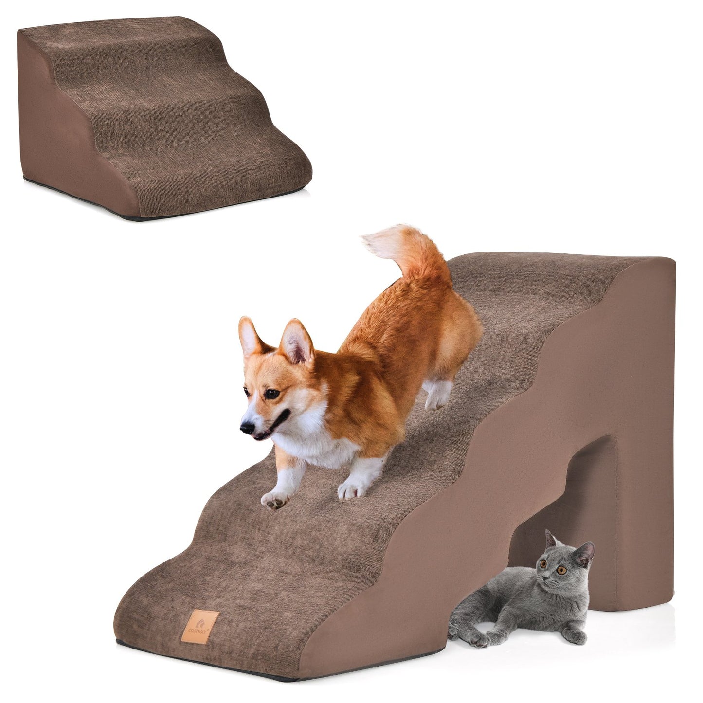 Foam Pet Stairs Set with 5-Tier and 3-Tier Dog Ramps-Brown