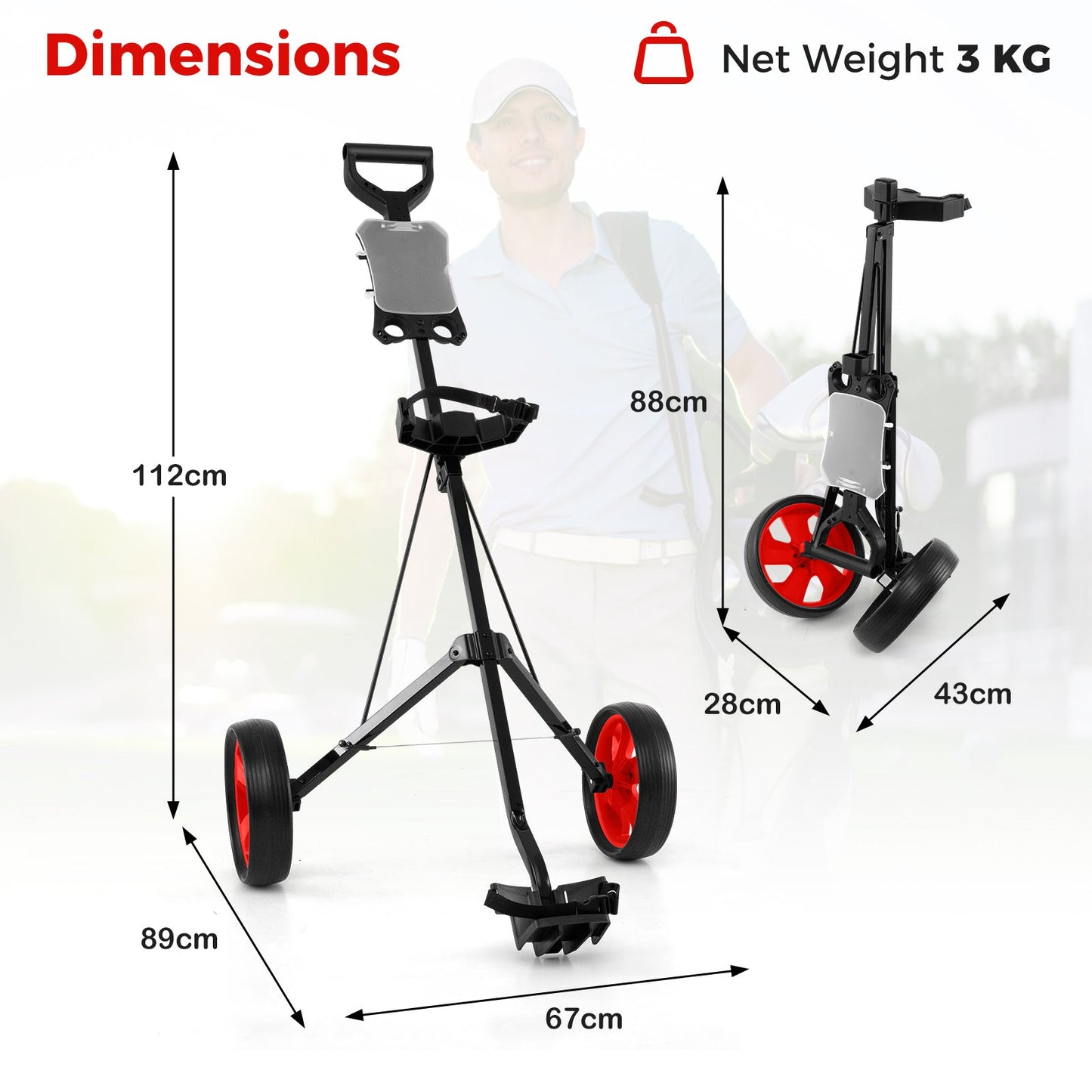 Foldable 2 Wheels Foldable Golf Cart with Scoreboard-Red