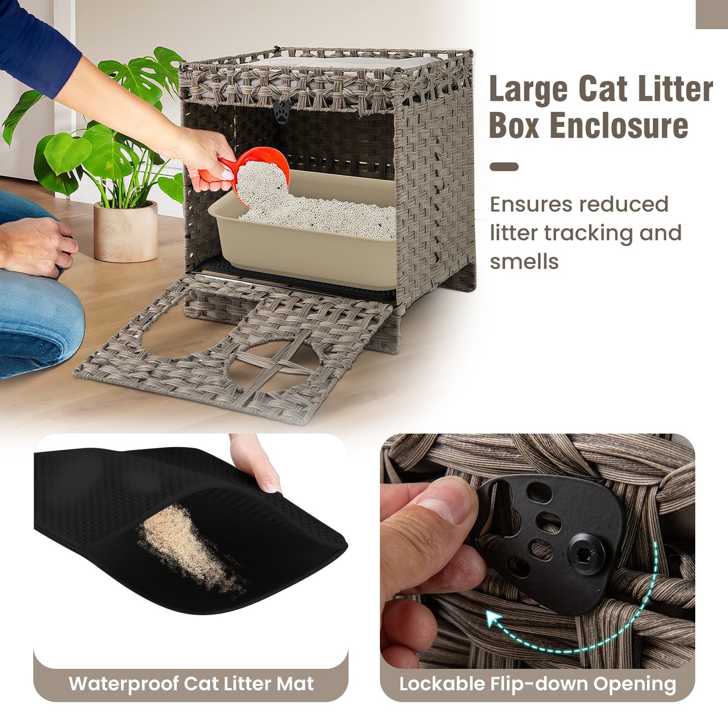 Foldable 2-tier Rattan Cat Litter Box Enclosure with Litter Mat-Grey