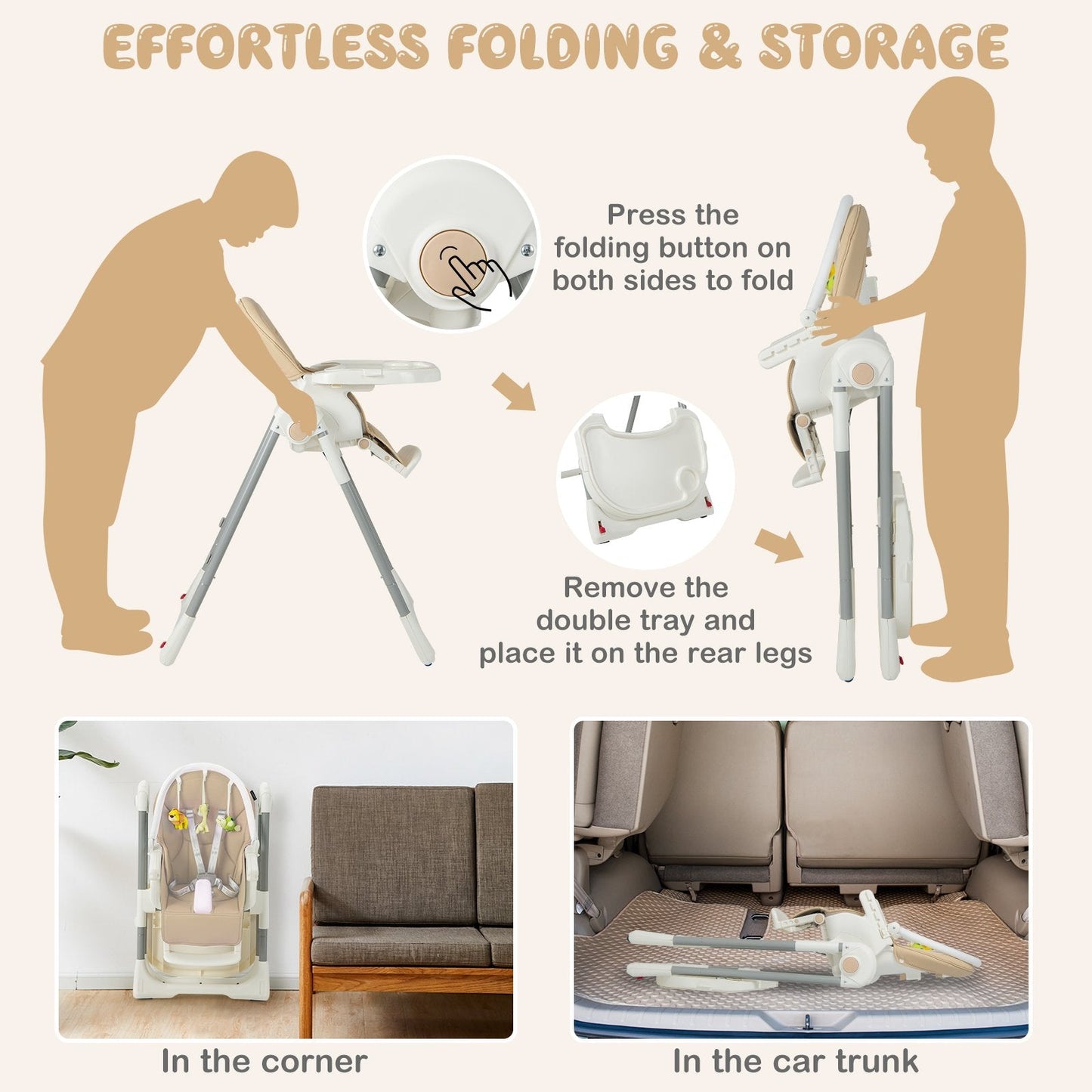 4-in-1 Foldable Baby High Chair with 7 Adjustable Heights and 4 Reclining Angles-Yellow