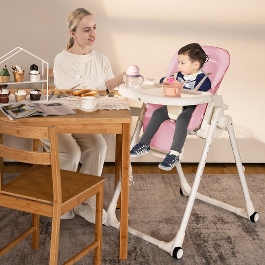 4-in-1 Foldable Baby High Chair with 6 Adjustable Heights and 5-Position Backrest-Pink