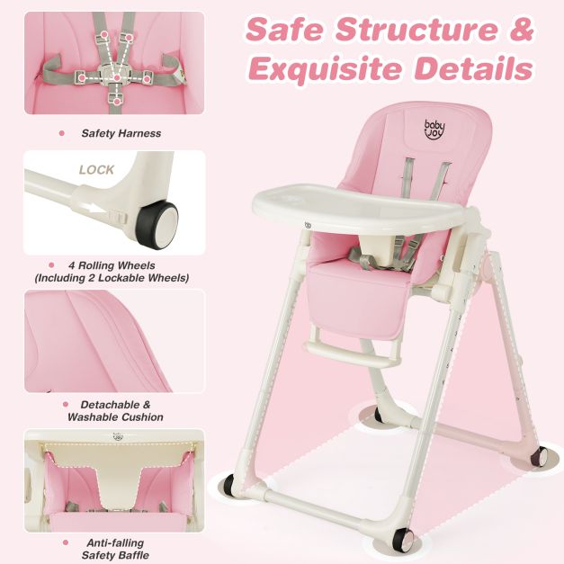 4-in-1 Foldable Baby High Chair with 6 Adjustable Heights and 5-Position Backrest-Pink