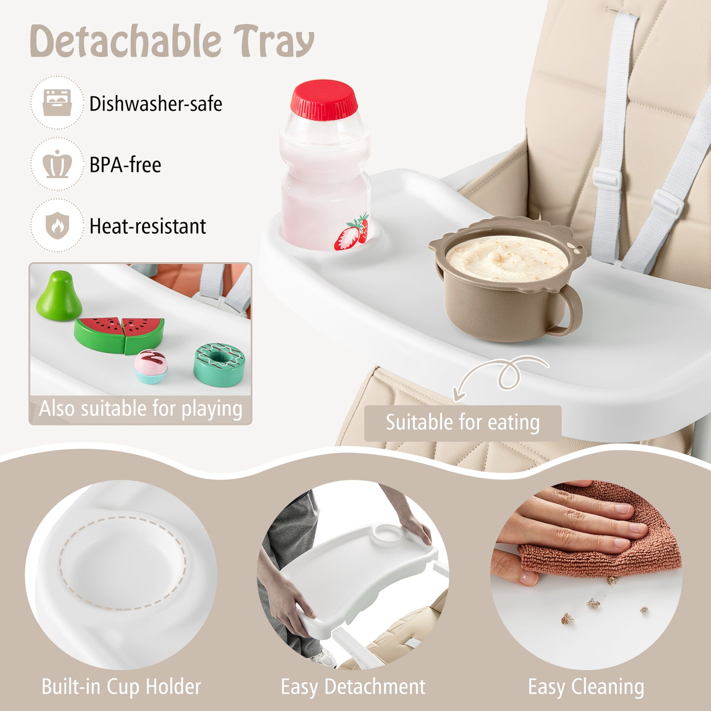 Foldable Baby High Chair with Removable Adjustable Tray-Beige