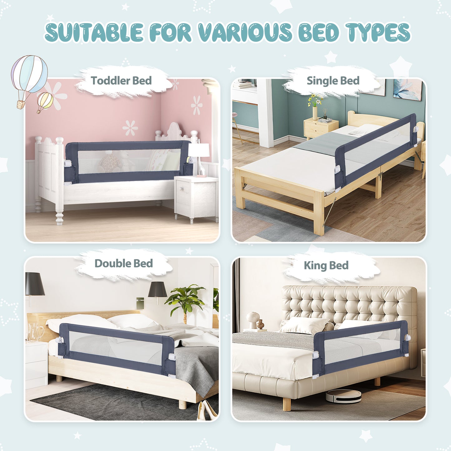 Foldable Bed Rail for Toddlers with Adjustable Safety Strap-Grey
