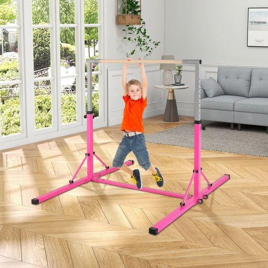 Foldable Gymnastics Bar for Kids Wobble Free Home Gym Equipment 136 x 172 x (90-150) cm Pink